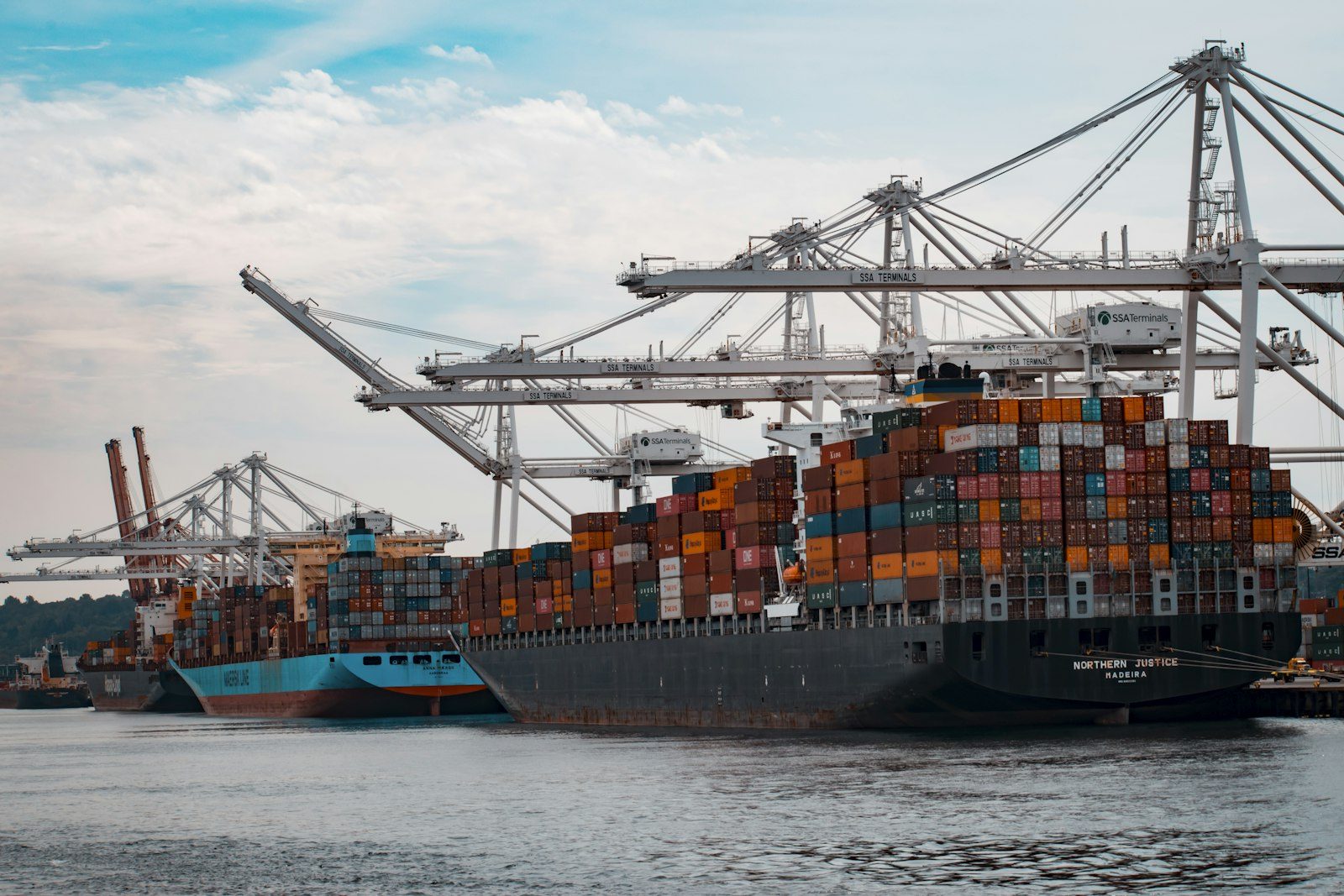Container ships loading beneath port cranes
